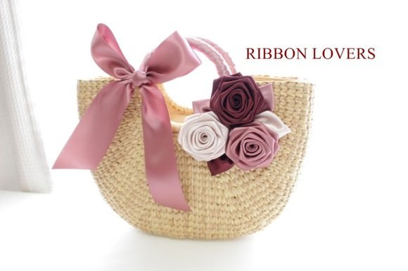 リボンの薔薇の花カゴバッグM